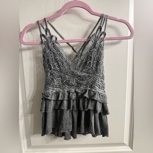 POL Lace-Overlay Ruffled Tank Top in Gray Cropped